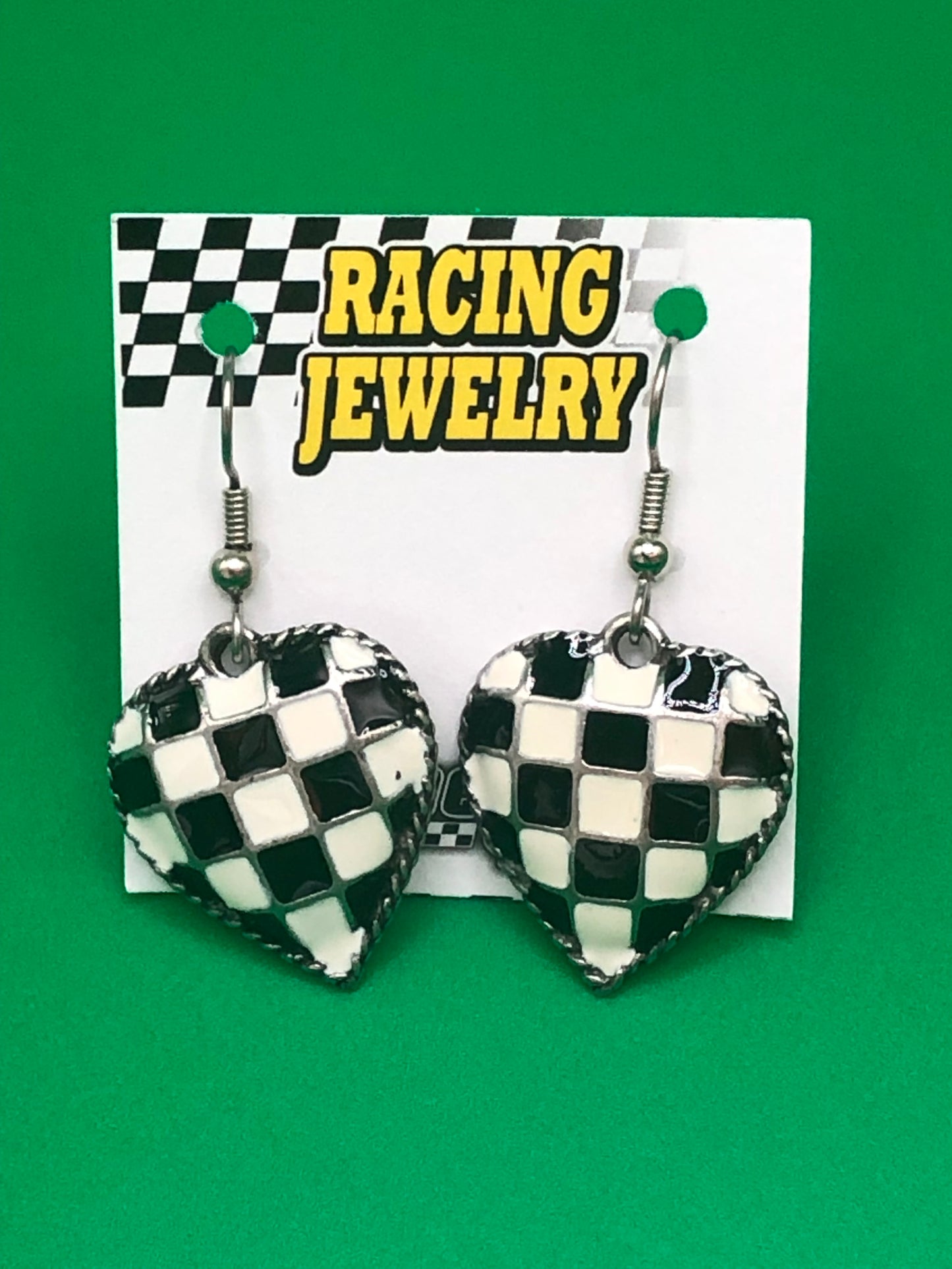 Silver-tone Black and White Check Heart French Hook Earrings