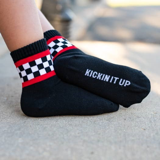 Toddler and Youth Black Socks with Checkered Pattern and Red Stripes