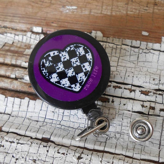 Badge Reel Clip - Checkered Heart with Purple Background
