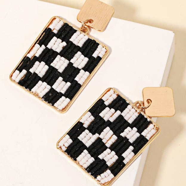 Checkered Bead Square Drop Earrings - B&W