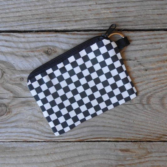 Black and White Checkered Coin Purse with Key Ring