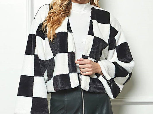Faux Fur Checkered Cropped Jacket