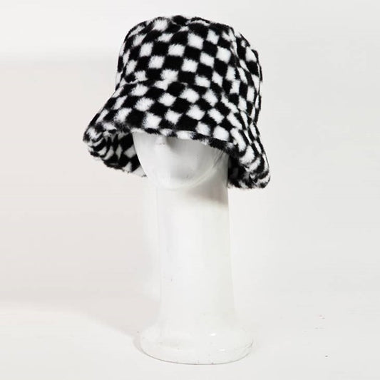 Faux Fur Checkered Bucket Hat - Black and White