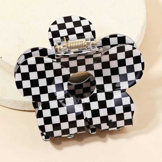 Black and White Checkered Flower Hair Clip