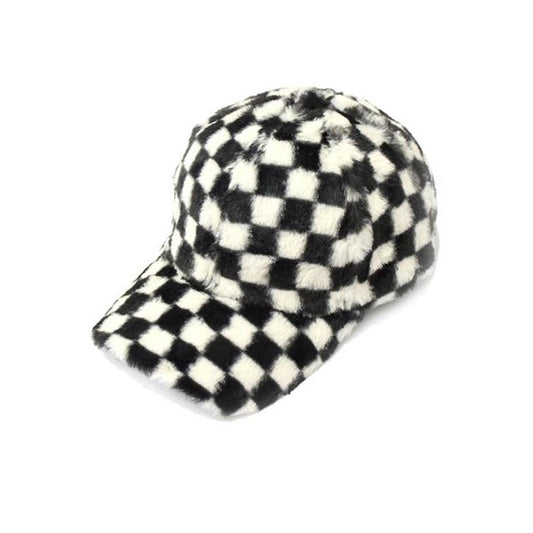 Furry Checkered Baseball Cap - Black and White