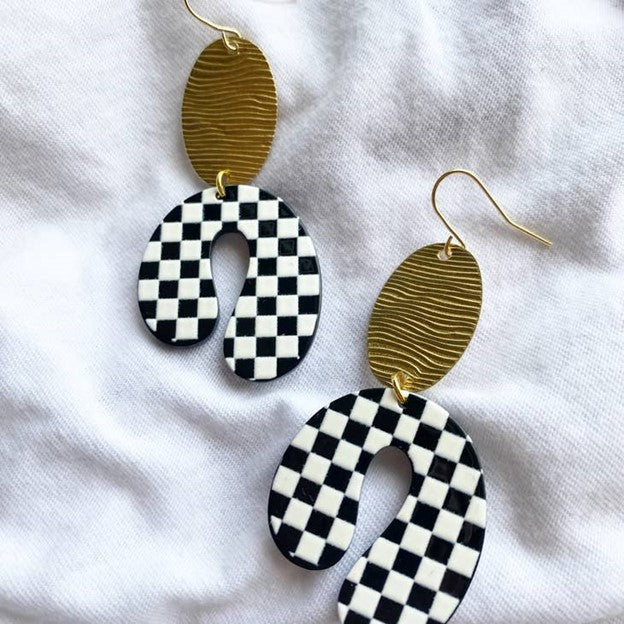 Checkered Acrylic Arch Earrings Gold Oval