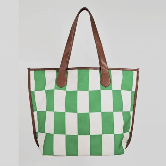 Large Flat-bottom Checkered Tote - Green and White