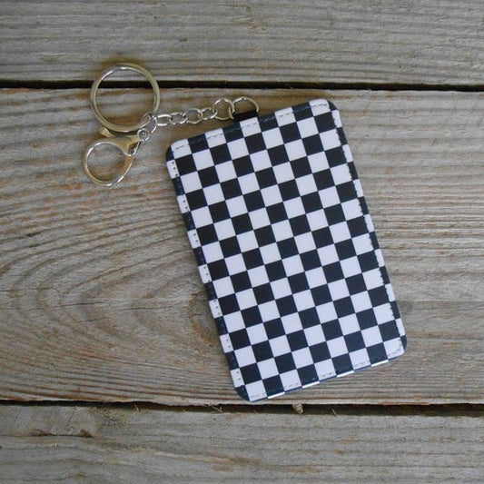 Black and White Checkered Credit Card ID Holder with Key Ring and Clip