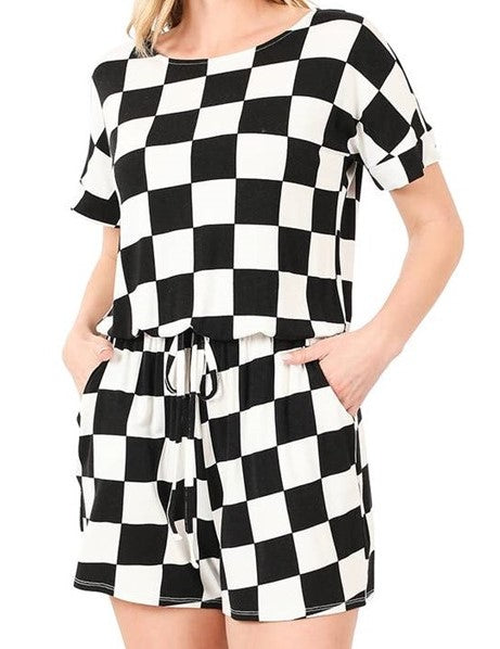 Checkered Short-sleeve Knit Romper