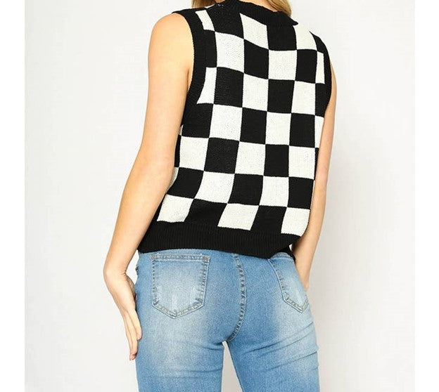 Black and Off-white Checkered Knit Vest