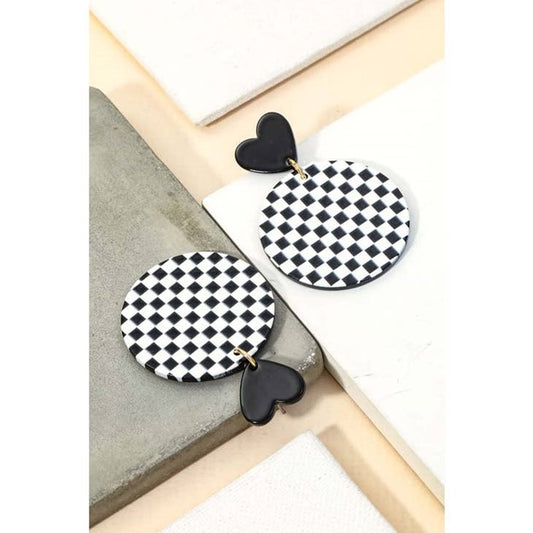 Black and White Checkered Disc Drop Earrings