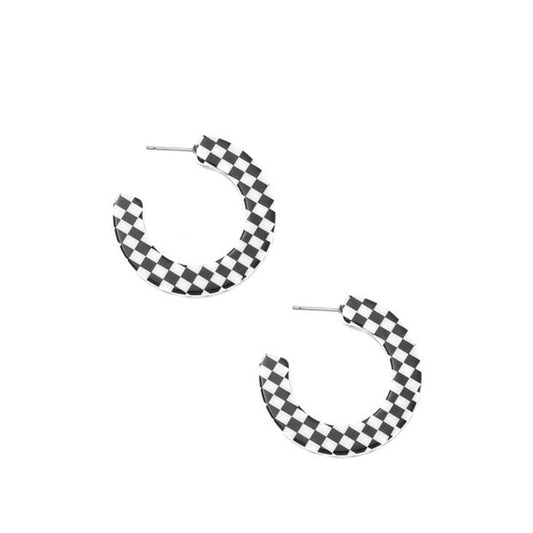 Black and White Checkered Print C Hoop Earrings