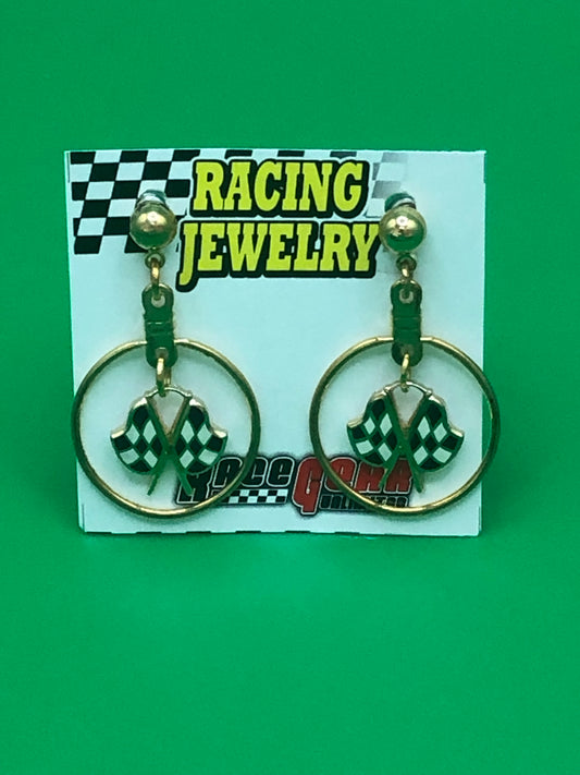 Gold-tone Crossed Checkered Flag in Circle Dangle Post Earrings