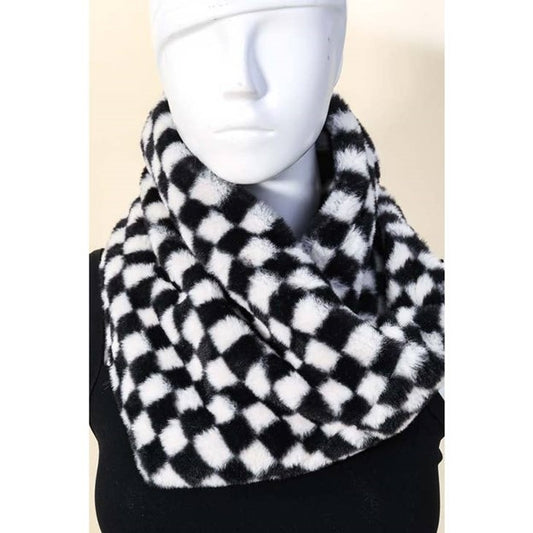 Fuzzy Black and White Checkered Infinity Scarf