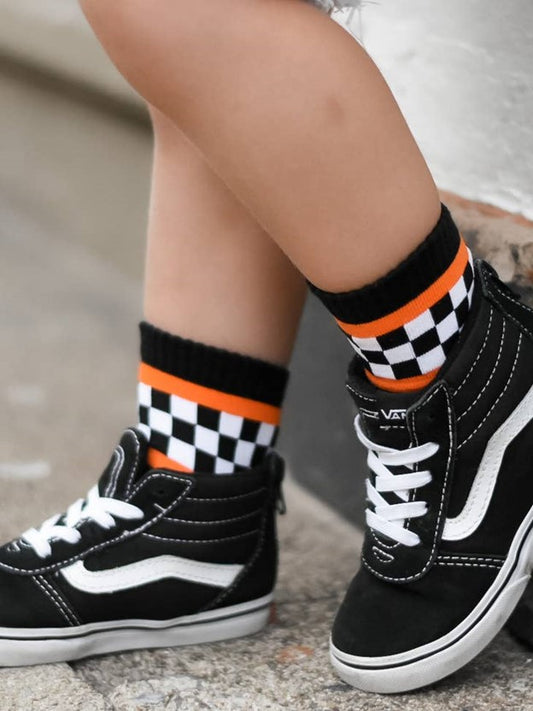 Toddler and Youth Black Socks with Checkered Pattern and Orange Stripes