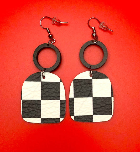 Black and White Checkered Leather and Wood Earrings
