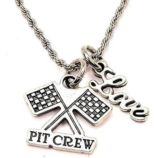 Pit Crew Crossed Checkered Flag Necklace with Love Charm