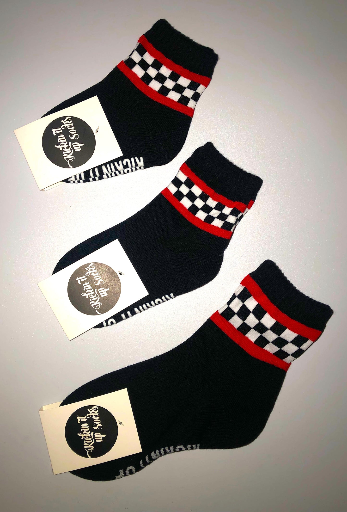 Toddler and Youth Black Socks with Checkered Pattern and Red Stripes