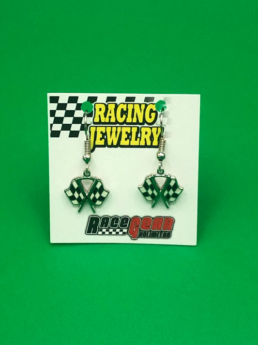Silver-tone Crossed Checkered Flag French Hook Earrings
